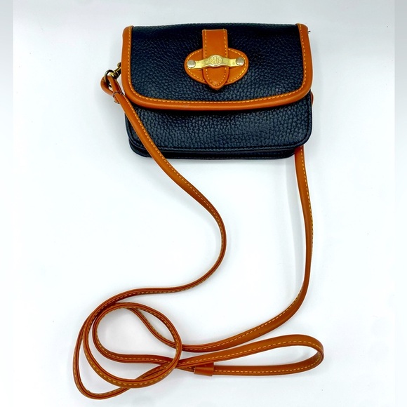 Handbags - Vintage Small Navy Blue Leather With Brown Trim Purse Crossbody Purse Gold